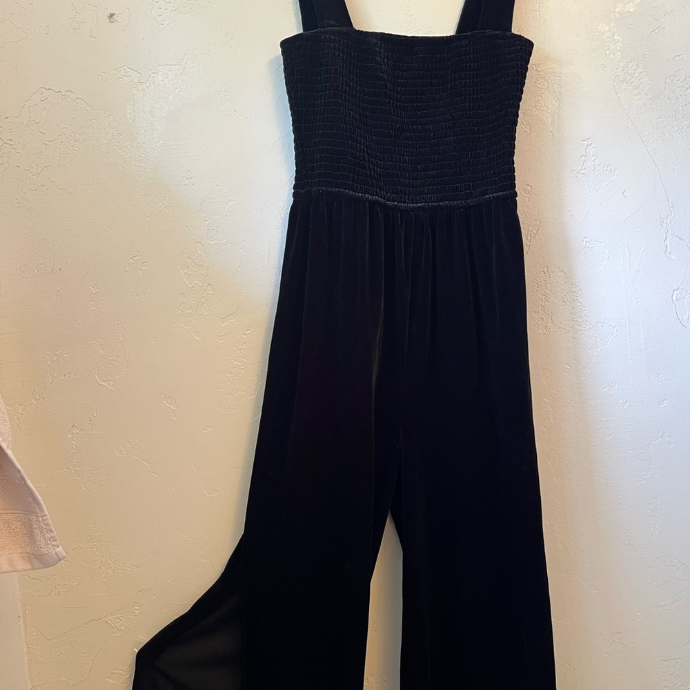 Smocked Velvet Wide-Leg Jumpsuit - Black